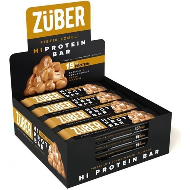 Züber Hi Protein Yer Fıstığı Ezmeli Yüksek Protein Bar 45g x 12 Adet (15g Protein)