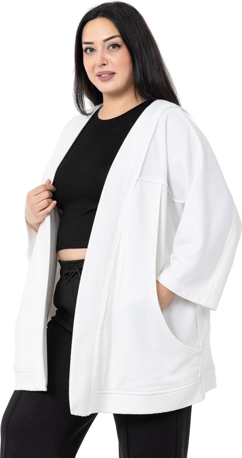 Disentis Modest Büyük Beden Truvakar Kollu Oversize Cepli Üç Iplik Beyaz Hırka görsel 4