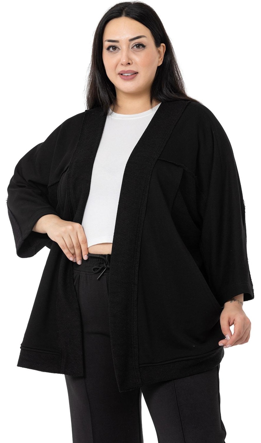 Disentis Modest Büyük Beden Truvakar Kollu Oversize Cepli Üç Iplik Beyaz Hırka görsel 7