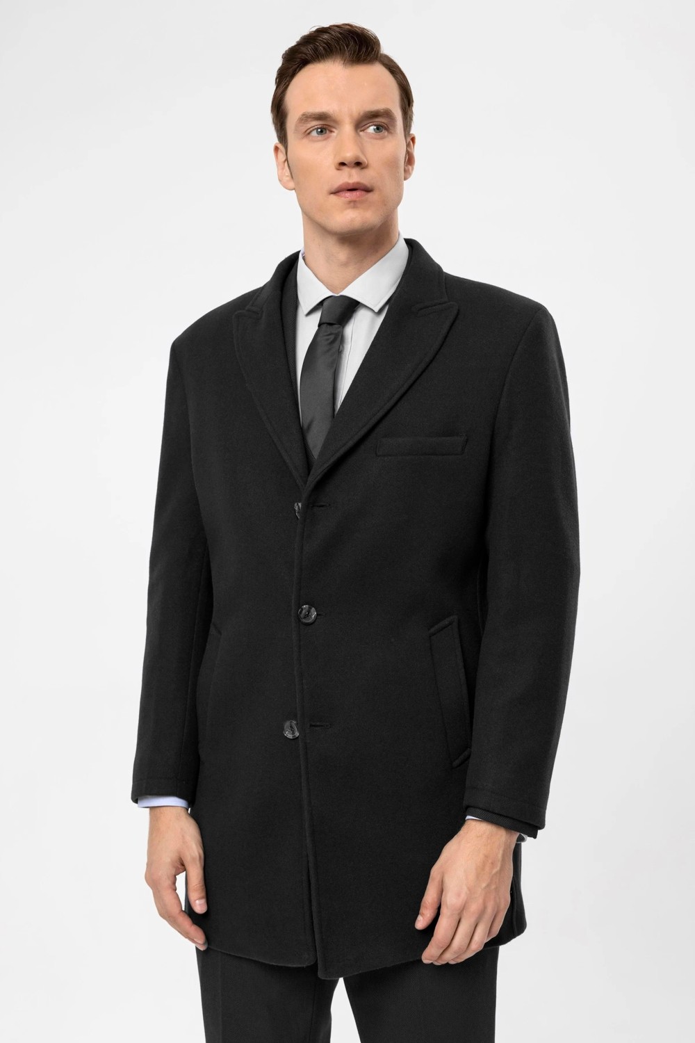 Süvari Slim Fit Yünlü Siyah Erkek Kaban Uzun Kollu Düz Desenli Şık Tasarım