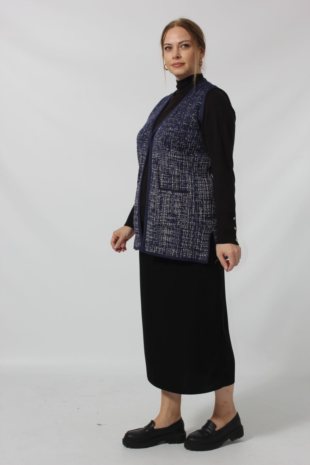 Moda Berray Y366 Mavi-Beyaz Mozaik Desenli Cepli Anne Yelek görsel 2