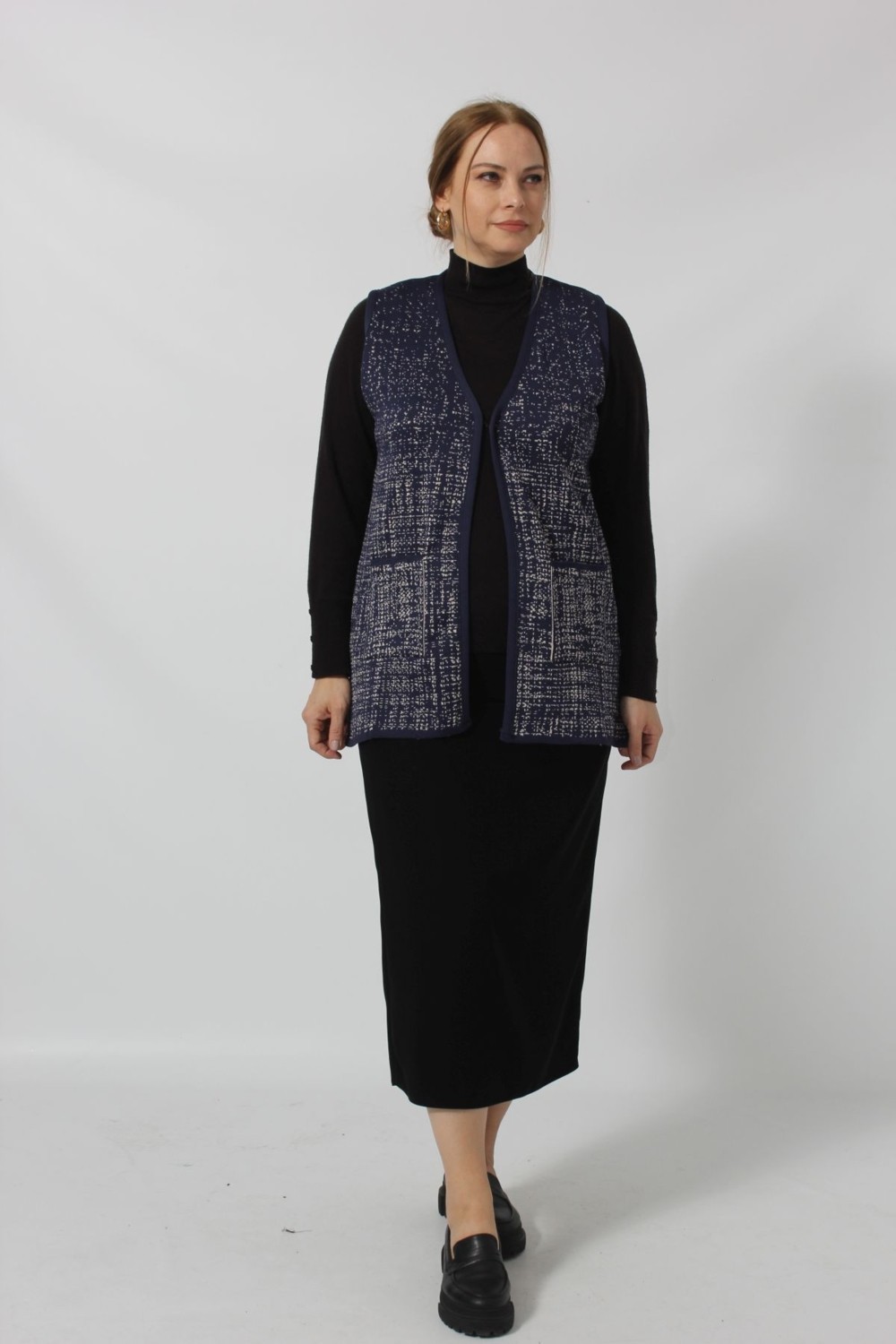 Moda Berray Y366 Mavi-Beyaz Mozaik Desenli Cepli Anne Yelek görsel 4