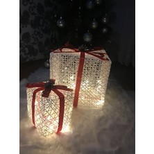 Velovis Dekoratif Yılbaşı Ağacı Altı LED Işıklı Hediye Kutu Seti 2'li Kırmızı Kurdele