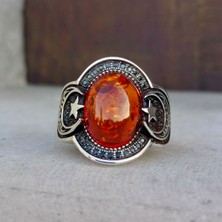 FK Gümüş Sıkma Kehribar Ay Yıldız Işlemeli Erkek Yüzük