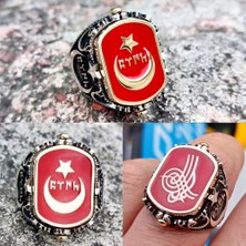 FK Gümüş Gök Türkçe Türk Yazılı Ay Yıldız ve Osmanlı Tuğrası Çift Taraflı Erkek Yüzük