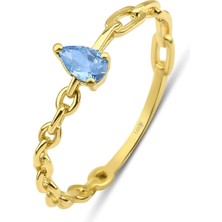 Kairos Jewelry 14 Ayar Altın Doğal Mavi Topaz Minimal Zincir Yüzük KRS170-2-14GRT
