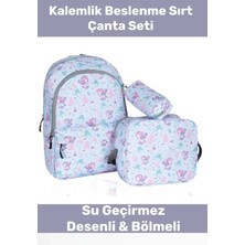 Pastimore Fermuarlı Geniş 1.kalite Su Geçirmez Desenli Bölmeli Üçlü Okul Kalemlik Beslenme Sırt Çanta Seti