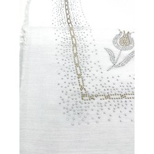 Naz İpek Taş Işlemeli Flamlı Yazma Gül Desenli Eşarp 100X100CM