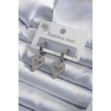 316L Çelik Gümüş Renk Kalp Model Kelebek Işleme Kadın Küpe