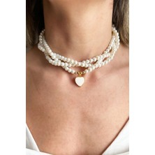 Sose Moda Beyaz Kalp Taşlı Sarmal Tasarım Inci Kolye