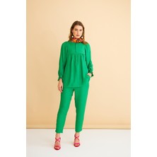 Basic Park Pinky Düğmeli Kolları Büzgülü Keten Yeşil Tunik Pantolon