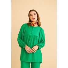 Basic Park Pinky Düğmeli Kolları Büzgülü Keten Yeşil Tunik Pantolon