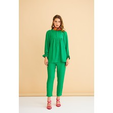 Basic Park Pinky Düğmeli Kolları Büzgülü Keten Yeşil Tunik Pantolon