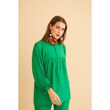 Basic Park Pinky Düğmeli Kolları Büzgülü Keten Yeşil Tunik Pantolon