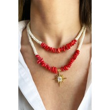 Kutup Yıldızı Detaylı Doğal Kırık Taşlı Ikili Inci Kolye