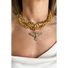 Turkuaz Anka Detaylı Üçlü Zincir Kolye