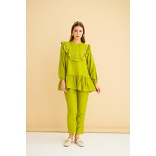 Basic Park Luxe Fırfırlı ve Taşlı Keten Olive Tunik Pantolon Takım