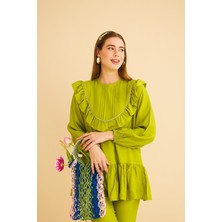 Basic Park Luxe Fırfırlı ve Taşlı Keten Olive Tunik Pantolon Takım