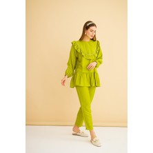 Basic Park Luxe Fırfırlı ve Taşlı Keten Olive Tunik Pantolon Takım