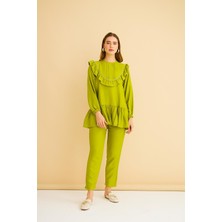 Basic Park Luxe Fırfırlı ve Taşlı Keten Olive Tunik Pantolon Takım