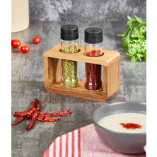 Rapt 3 Parça Ahşap Standlı Cam Baharatlık Baharat Takımı Tuzluk