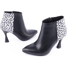 Emel Ayakkabı Modern Klasik Sade Topuklu Stiletto Deri Bot Siyah Leopar 4412