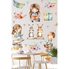 Msticker Kitap Okuyan Çocuklar Duvar Cam Sticker Seti, Çocuklar Tavşanlar ve Kalpler Sticker Seti