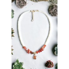 Turuncu Damla Uçlu Kırık Taş İnci Kolye