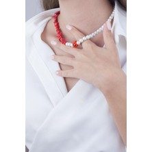 Sose Moda Kırmızı Nazar Boncuklu Kırık Taşlı ve İncili Kolye