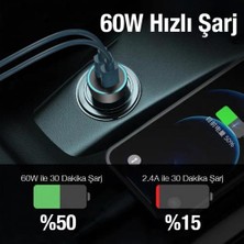 Coofbe 60W Turbo Araç Şarjı 2 Type-C Girişli Şarj Akım Korumalı Araç Çakmaklık Şarjı 12V-24V Araç Şarj