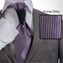 Exve Exclusive Mor Lila Elegant Jakar Dokuma Damatlık & Özel Geceler Için Lüks Tuxedo Taşlı Kravat AG0107