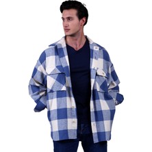 Exve Exclusive Gök Mavi Bej Ekose Kareli Oversize Kışlık 4 Cepli Salaş Oduncu Büyük Beden Gömlek