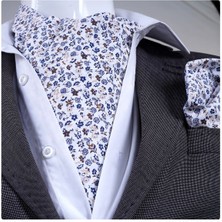 Exve Exclusive Beyaz Üzerine Mavi Kahverengi Çiçek Baskılı Fular Mendil Seti