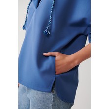 Muni Muni Düz Kordon Detaylı Kapüşonlu Sweatshirt-Indigo