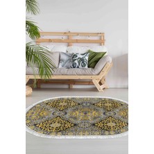 Dekoreko Dijital Salon Halısı Yıldız Deri Kaymaz Taban Saçaklı Oval Modern Osana Sarı