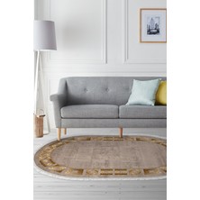 Dekoreko Dijital Salon Halısı Yıldız Deri Kaymaz Taban Saçaklı Oval Modern Twyla Camel