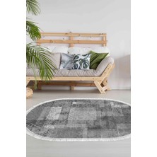 Dekoreko Dijital Salon Halısı Star Pamuk Kaymaz Taban Saçaklı Oval Iskandinav Page Gri