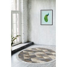 Dekoreko Dijital Salon Halısı Yıldız Deri Kaymaz Taban Saçaklı Yuvarlak Iskandinav Kitty Bej