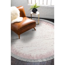 Dekoreko Dijital Salon Halısı Star Pamuk Kaymaz Taban Saçaklı Yuvarlak Modern Evelina  Pudra