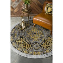 Dekoreko Dijital Salon Halısı Yıldız Deri Kaymaz Taban Saçaklı Yuvarlak Modern Osana Sarı