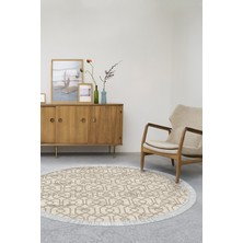 Dekoreko Dijital Salon Halısı Trend Keçe Kaymaz Taban Saçaklı Yuvarlak Modern Eliana Vizon