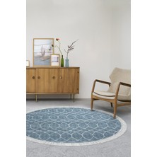 Dekoreko Dijital Salon Halısı Trend Keçe Kaymaz Taban Saçaklı Yuvarlak Iskandinav Celestine Lacivert