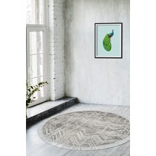 Dekoreko Dijital Salon Halısı Yıldız Deri Kaymaz Taban Saçaklı Yuvarlak Iskandinav Mel Gri