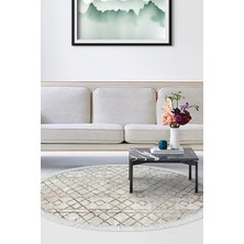 Dekoreko Dijital Salon Halısı Yıldız Deri Kaymaz Taban Saçaklı Yuvarlak Iskandinav Nydia Bej