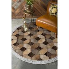 Dekoreko Dijital Salon Halısı Yıldız Deri Kaymaz Taban Saçaklı Yuvarlak Modern Tanya Kahve