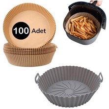 Nibirun Buffer® Gri Pişirme Matı 20 cm ve 100 Adet Kullan-At Air Fryer Pişirme Kağıdı Yuvarlak Delikli