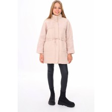 HC Kids Wear Kız Çocuk Pelüş Kaban Buz Rengi - Pudra Midi Model Uzun Kol Su Geçirmez