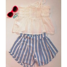 Çikoby Kız Çocuk İkili Takım Ekru Bluz Mavi Çizgili Şort 3-8 Yaş Aralığında
