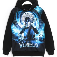 DobaKids Kız Çocuk Wednesday Addams 3 Ip Şardonlu Kışlık Kapüşonlu 3D Baskılı Hoodie Sweatshirt