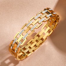 Chavin 12 mm Gold Çelik Taşlı  Bayan Kelepçe Bileklik EU17SR